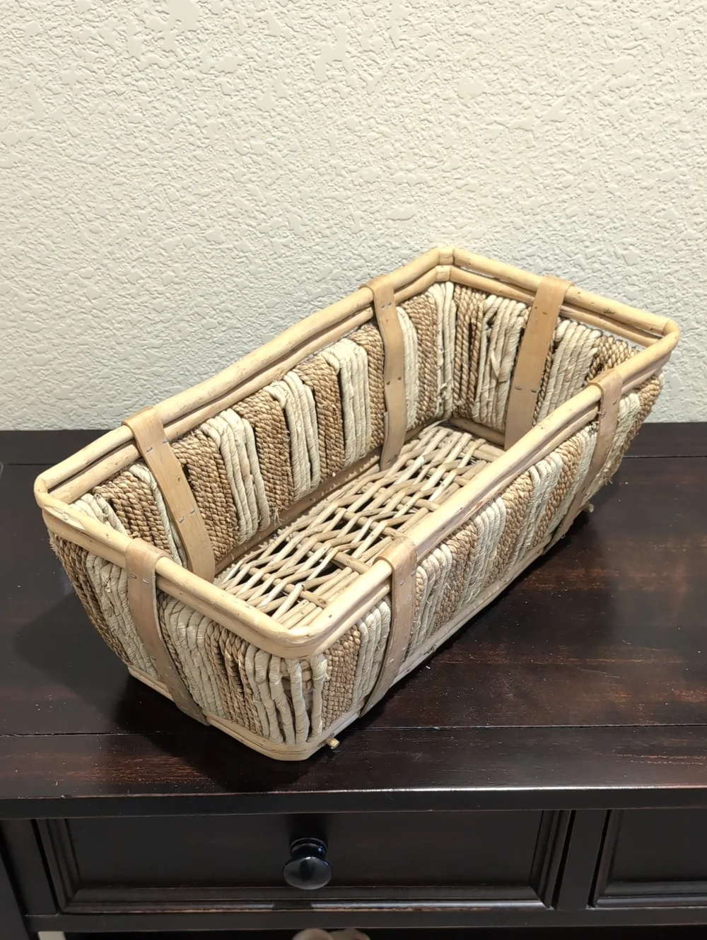 Vintage Mid-Century Handwoven Rectangular Basket - French Style - Bamboo Rattan